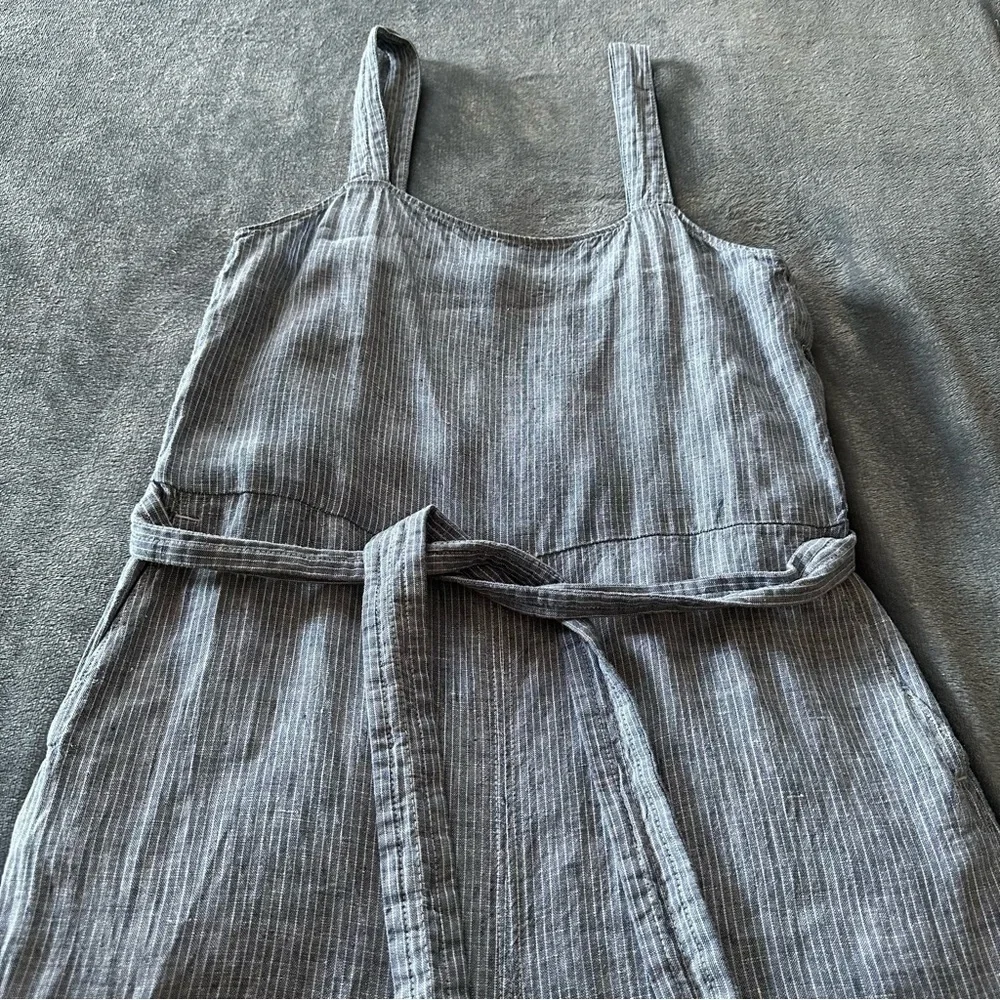 EVERLANE The Linen Side-button Blue White Straight Leg Jumpsuit Size 2